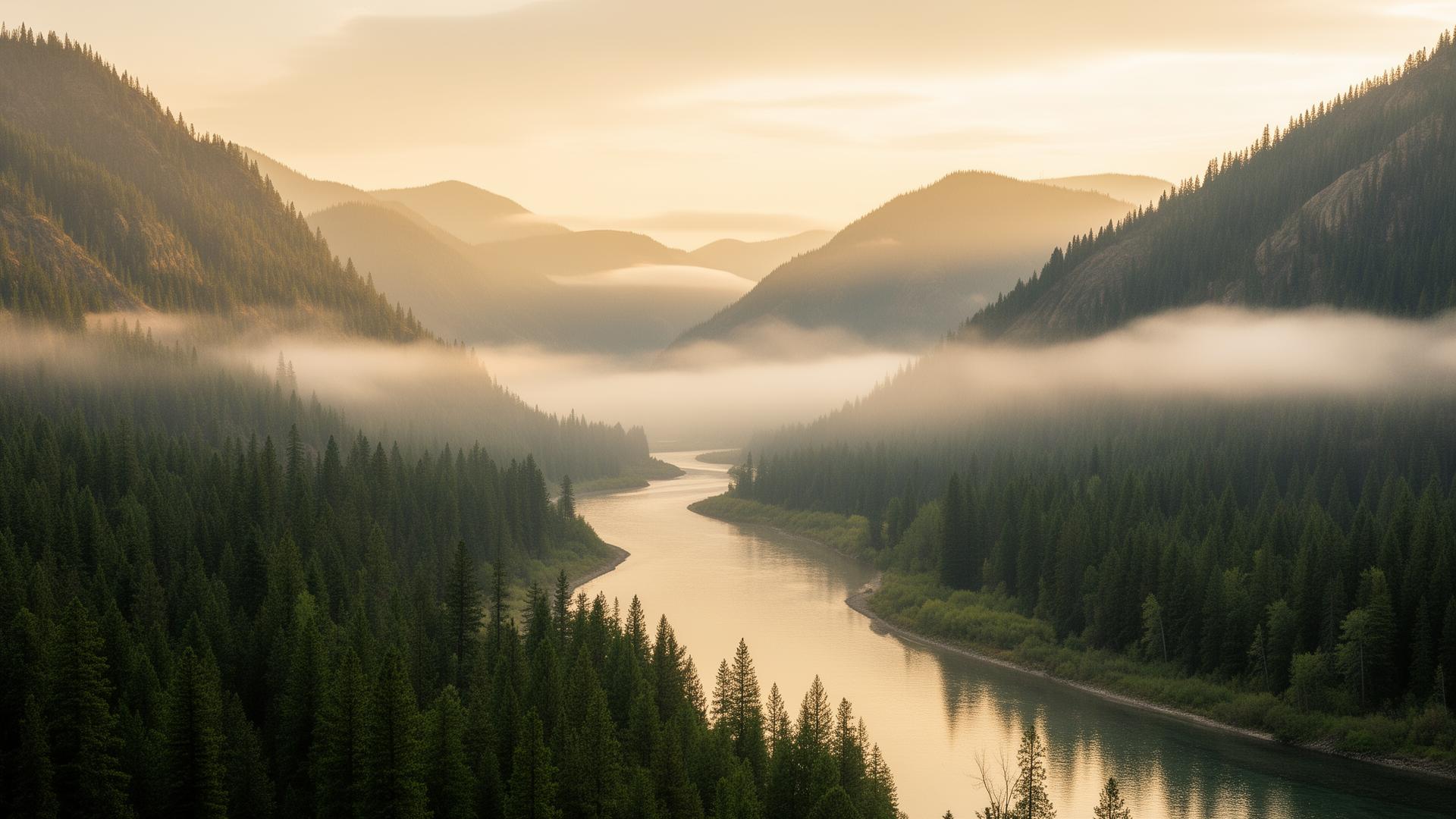 Misty Clearwater River winding through Idaho mountains